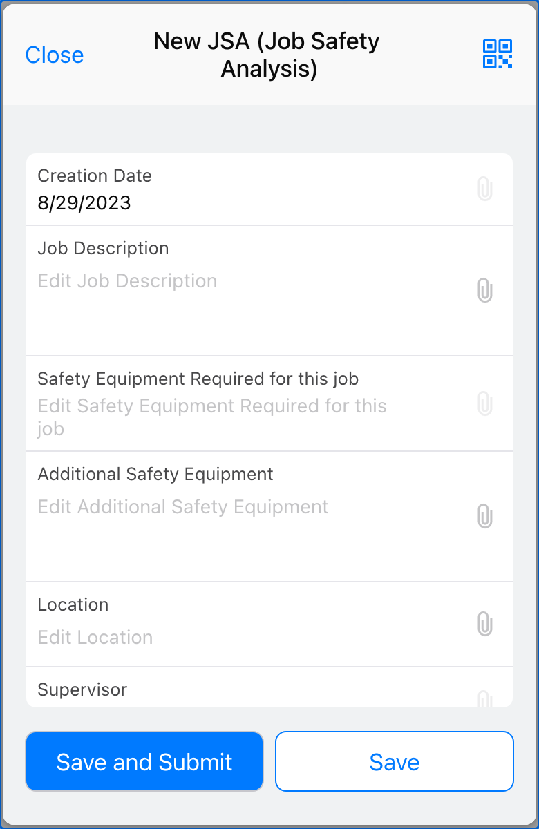 Image of a JSA (Job Safety Analysis) form